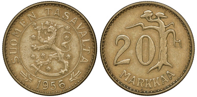 Финляндия 20 марок 1956 H, лев KM 39 алюминиевая бронза 4163-327