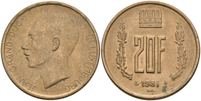 Люксембург 20 франков 1981 герцог Жан (1964-1999) KM 58 алюминиевая бронза 4120-1146