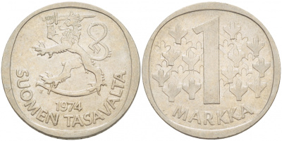 ФИНЛЯНДИЯ 1 МАРКА 1974 S KM 49а медно-никель 3718-1232