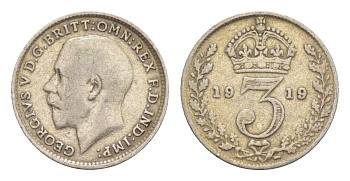 Великобритания 3 пенса 1919 Георг V (1910-1936) KM 813, Spink 4015 серебро 75-834