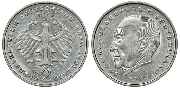 ФРГ 2 МАРКИ 1973 G, КОНРАД АДЕНАУЭР KM 124, J. 406 медно-никель плакированный никелем плакированный никелем UNC 72-451