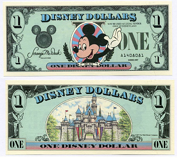 США 1 ДИСНЕЙ ДОЛЛАР 1987 СЕРИЯ А, МИККИ МАУС, ПЕРВЫЙ ГОД ВЫПУСКА бумага UNC (ПРЕСС) 7486-1-2