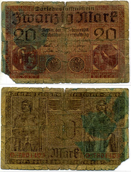 Германия 20 марок 1918 20 февраля 1918, номер семизначный, серия М, выпуск 1918 - 29 апреля 1924 года Pick 55, Роземберг 57 бумага G 6280-22-3-2