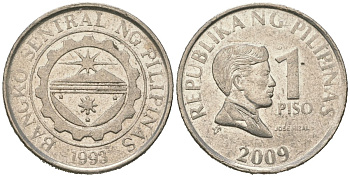 Филиппины 1 писо 2009 KM 269a сталь плакированная никелем 4620-433
