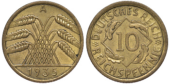 Германия 10 рейхспфеннигов 1935 A KM 40, J. 317 алюминиевая бронза 4605-124