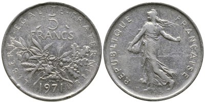 Франция 5 франков 1971 сеятель KM 926a.1, Le Franc 341.3 медно-никель плакированный никелем 36-132