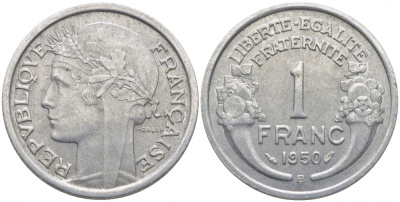 ФРАНЦИЯ 1 ФРАНК 1950 В KM 885а.2 алюминий 4448-325
