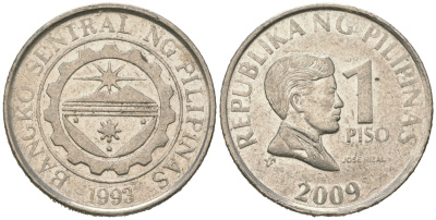 Филиппины 1 писо 2009 KM 269a сталь плакированная никелем 4620-433