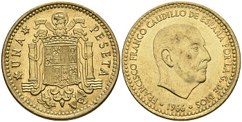 Испания 1 песета 1966 (72) Франсиско Франко (1939-1975) KM 796 алюминиевая бронза 4604-151