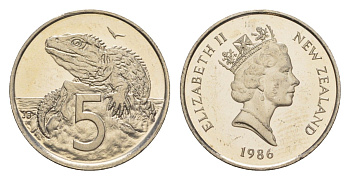 Новая Зеландия 5 центов 1986 тираж 10.000 экземпляров KM 60 медно-никель PROOF 24-124