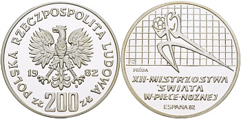 Польша 200 злотых 1982 MW, XII чемпионат мира по футболу в Испании 1982 года, PROBA, тираж 6002 экземпляров, игрок влево, Parchimowicz P439a серебро PROOF 1085-1-61