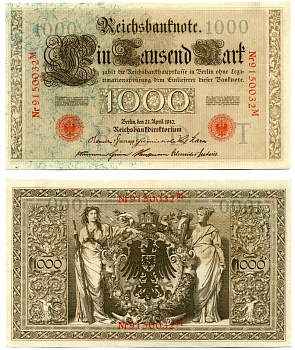 Германия 1000 марок 1910 21 апреля 1910, буква T, номер семизначный, серия M, выпуск (09.1922) Pick 44b, Розенберг 45с бумага 8618-16-1-2