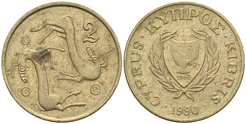 Кипр 2 цента 1990 KM 54.2 никель латунь 4174-1248