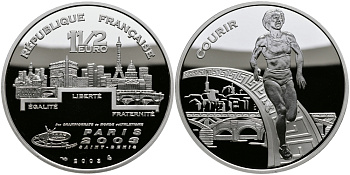 Франция 1 1/2 евро 2003 Чемпионат мира по лёгкой атлетике 2003 года в Сен-Дени, бег KM 1996 серебро PROOF 1095-3-42