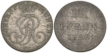 Ганновер 4 пфеннига 1826 B, Георг IV (1820-1830) KM 135, AKS 45, Jaeger 19 серебро 413-3822