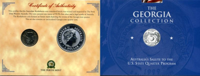 Австралия 1 доллар 1999 (серебро) с памятной маркировкой и США 25 центов 1999 штат Джорджия в красочном буклете 4-5-1-3