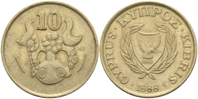 Кипр 10 центов 1988 KM 56.2 никель латунь 4141-1146