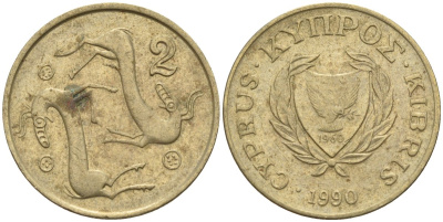 Кипр 2 цента 1990 KM 54.2 никель латунь 4174-1248