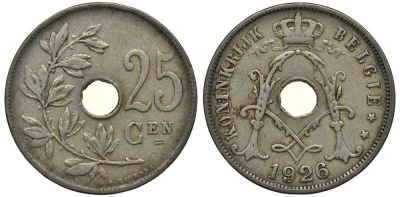 БЕЛЬГИЯ 25 САНТИМОВ 1926 BELGIE, АЛЬБЕРТ I (1909-1934) KM 69 медно-никель 27-931