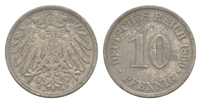 Германия 10 пфеннигов 1899 A, Вильгельм II (1888-1918) KM 12, J. 13 медно-никель 4644-1149