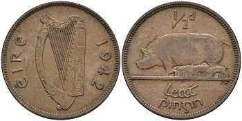Ирландия 1/2 пенни 1942 свинья с поросятам KM 10 бронза 4132-325