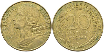 ФРАНЦИЯ 20 САНТИМОВ 1974 ТИП MARIANNE KM 930, LE FRANC 156.14 медь алюминий никель 175-836