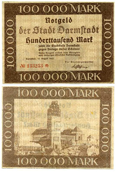 ДАРМШТАДТ, ГЕРМАНИЯ 100000 МАРОК 1923 10 АВГУСТА 1923, НОТГЕЛЬД, ЗЕМЛЯ ГЕССЕН Keller 954а бумага 8613-28-2-2