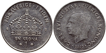 Швеция 1 крона 2002 Карл XVI Густав (1973- ) KM 894 медно-никель 4364-1222