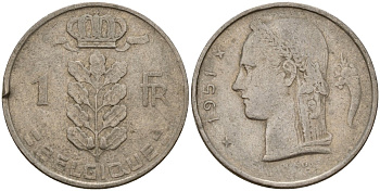 Бельгия 1 франк 1951 Belgique, Бодуэн I (1951-1993) KM 142 медно-никель 4156-617