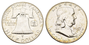США 1/2 доллара (50 центов) 1957 D, Бенджамин Франклин, колокол KM 199 серебро aUNC 1530-1235
