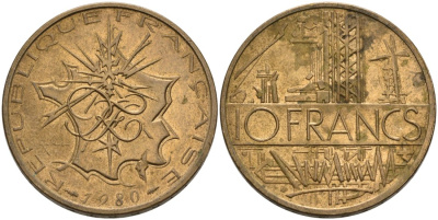 Франция 10 франков 1980 тип Матье KM 940, Le Franc 365.15-16 никель латунь 4572-1134