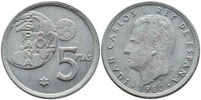 Испания 5 песет 1980 (80), Хуан Карлос , чемпионат мира по футболу, Испания 1982 KM 817 медно-никель 4393-242