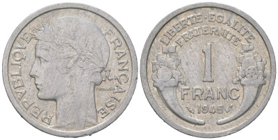 Франция 1 франк 1945 KM 885a.1, Le Franc 221 алюминий 4584-1257