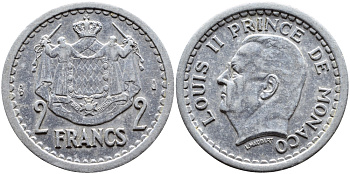 Монако 2 франка 1943 Луи II (1922-1949) KM 121 алюминий 4364-827