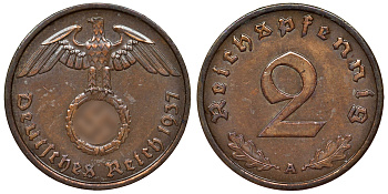 Германия 2 рейхспфеннига 1937 A KM 38, J. 362 алюминиевая бронза 4121-616