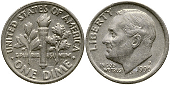 США 10 ЦЕНТОВ = 1 ДАЙМ 1990 P, РУЗВЕЛЬТ KM 195а медь плакированная медно-никелем 46-2367