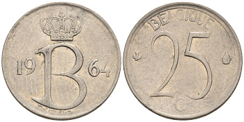 Бельгия 25 сантимов 1964 Belgique, Бодуэн I (1951-1993) KM 153.1 медно-никель 4564-134