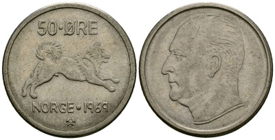 Норвегия 50 эре 1969 Улаф V (1957-1991), собака KM 408 медно-никель 4138-834