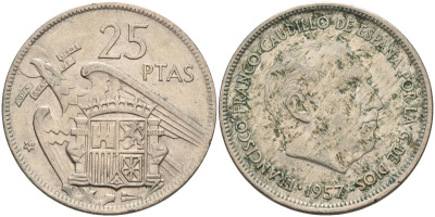 Испания 25 песет 1957 (64) Франсиско Франко (1939-1975) KM 787 медно-никель 4681-743