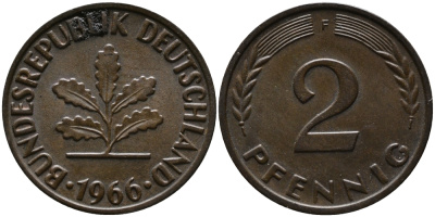 ФРГ 2 пфеннига 1966 F KM 106, J.381 бронза 99-144