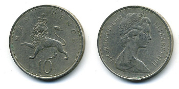 Великобритания 10 пенсов 1968 Елизавета II (1952-2022) KM 912, Spink 4231 (F1) медно-никель  4110-1112