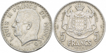 Монако 5 франков 1945 Луи II (1922-1949) KM 122 алюминий 3457-536