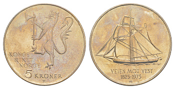 Норвегия 5 крон 1975 150 лет иммиграции в Америку KM 422 медно-никель aUNC 4652-837