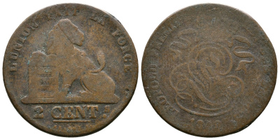 БЕЛЬГИЯ 2 САНТИМА 1849 KM 4.2 медь 4364-1426
