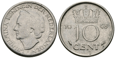 Нидерланды 10 центов 1948 Вильгельмина (1895-1948) KM 177 никель 96-521