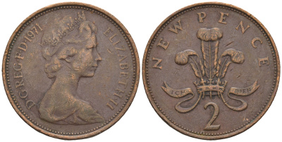 Великобритания 2 пенса 1971 Елизавета II (1952-2022) KM 916, Spink 4235 (C1) бронза 85-1111