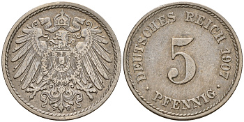 Германия 5 пфеннигов 1907 A J.12, KM 11 медно-никель    4598-1135