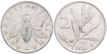 Италия 2 лиры 1954 R, оливковая ветвь, пчела KM 94 алюминий 4549-131