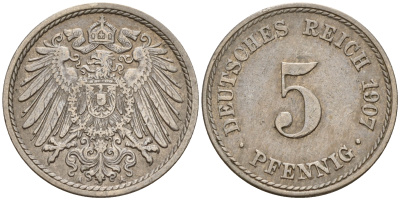 Германия 5 пфеннигов 1907 A J.12, KM 11 медно-никель    4598-1135