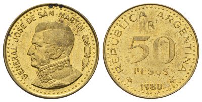 Аргентина 50 песо 1980 KM 83a сталь плакированная латунью UNC 4597-431